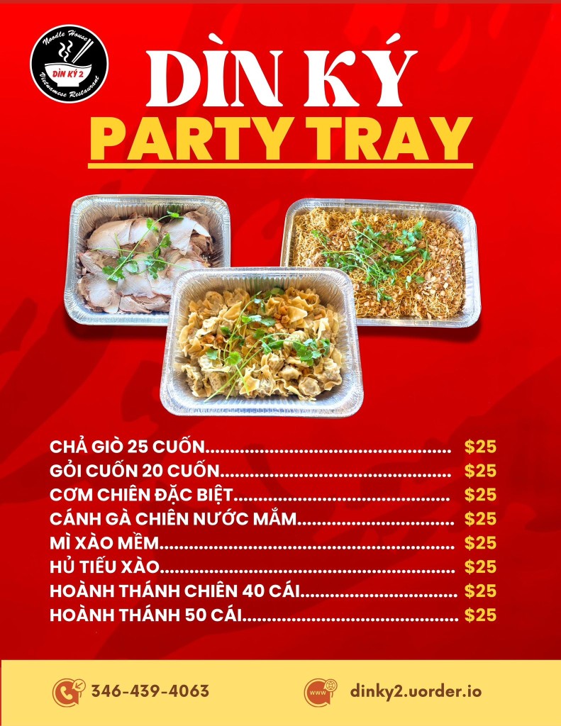 Dìn Ký 2 party tray — eight tray options at $25 each; order 346-439-4063 or dinky2.uorder.io