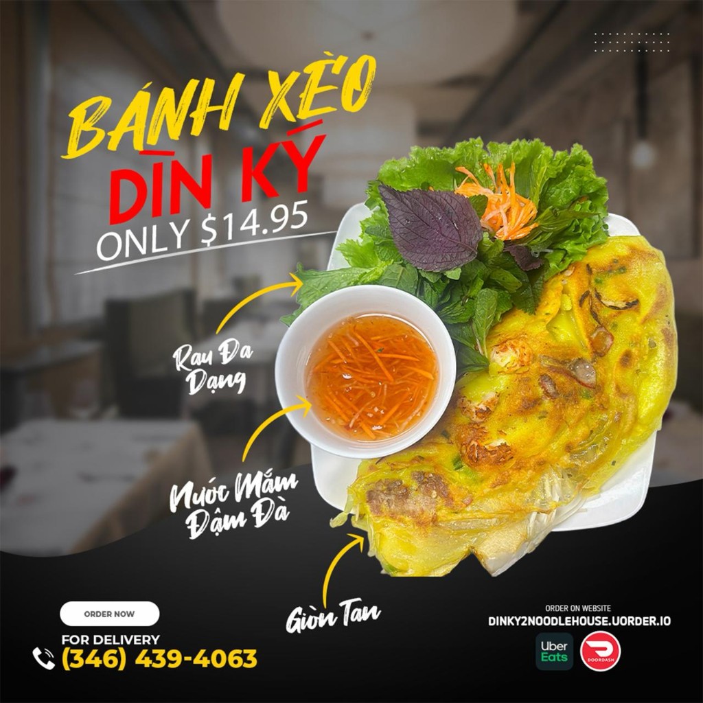 Bánh Xèo Dìn Ký — crispy Vietnamese turmeric crepe with fresh herbs, nước mắm, and greens, Dìn Ký 2